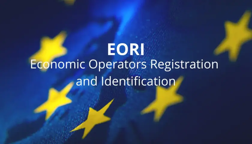 EORI: Rejestracja i Identyfikacja Podmiotów Gospodarczych na tle flagi UE.