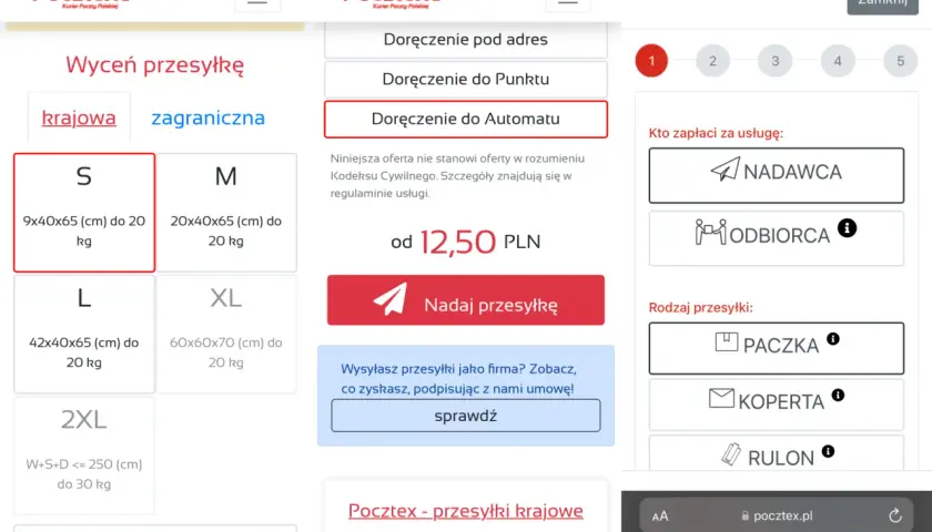 Na stronie Pocztex.pl sprawdzam, czy pocztex dostarcza w soboty. Wybieram opcję "Doręczenie do Automatu" dla przesyłki krajowej.