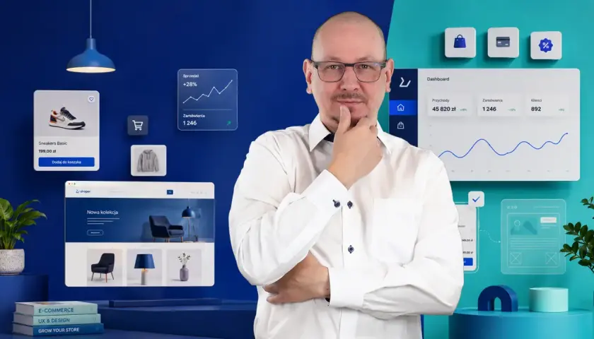 Mężczyzna w okularach zastanawia się nad danymi e-commerce. Widoczne są wykresy sprzedaży, zamówień i klientów, a także produkty. Paypo weryfikacja jest kluczowa dla analizy.