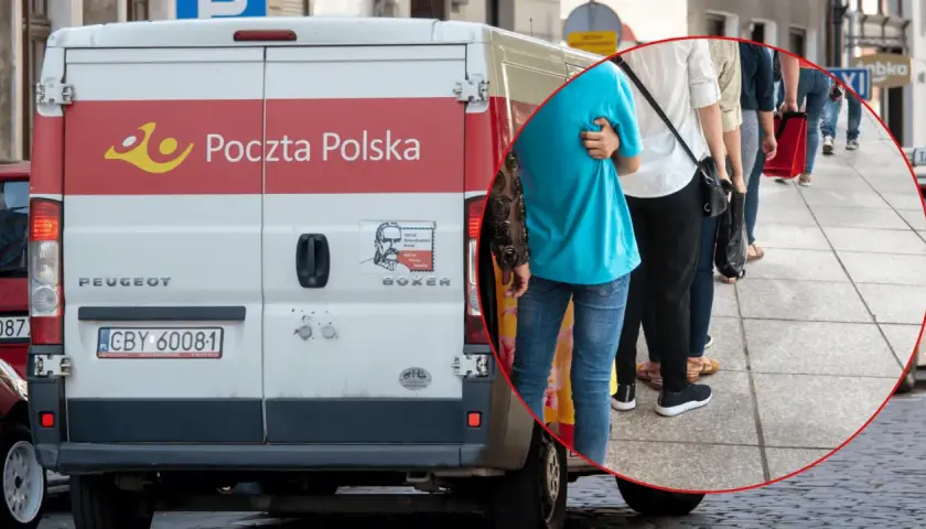 Klienci stoją w kolejce do samochodu Poczty Polskiej. Czy pocztex zostawia awizo?