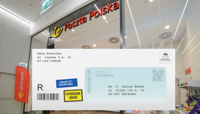 Etykieta na paczkę Poczta Polska z danymi Anny Kowalskiej z Torunia i Janiny Nowak z Gniezna, z potwierdzeniem odbioru.