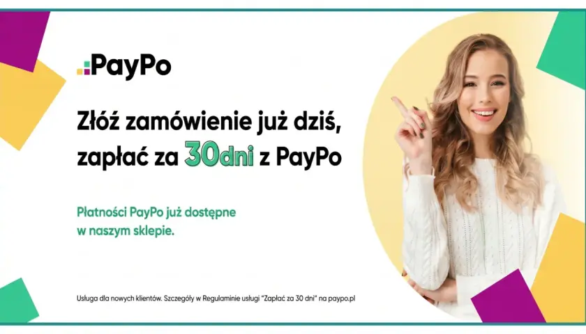 Uśmiechnięta kobieta zachęca do zakupów z PayPo. Zamów dziś i zapłać za 30 dni. Płatności PayPo dostępne w sklepie.