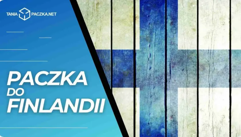 Tania paczka do Finlandii. Flaga Finlandii na drewnianym tle.