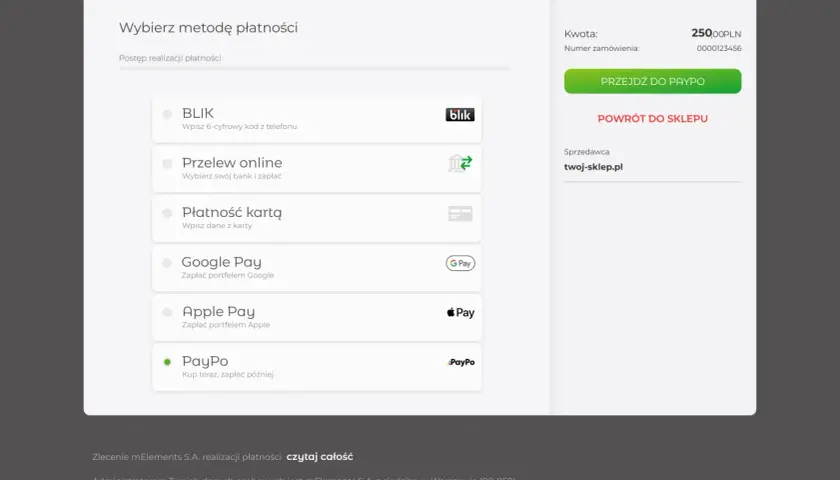 Wybierz metodę płatności: BLIK, Przelew online, Płatność kartą, Google Pay, Apple Pay, PayPo. Kliknij "Przejdź do Paypo" by zapłacić.