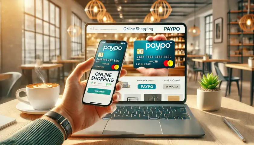 Dłoń trzyma smartfon z aplikacją Paypo do zakupów online, obok leży laptop z podobnym interfejsem.