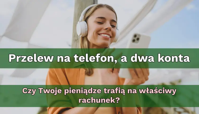 Uśmiechnięta kobieta w słuchawkach trzyma smartfon. Czy przelew na telefon jest bezpieczny i trafi na właściwy rachunek?