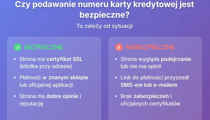 Czy podawanie numeru karty kredytowej jest bezpieczne? Zależy od sytuacji: bezpieczne, gdy strona ma SSL i dobre opinie; niebezpieczne, gdy wygląda podejrzanie lub link przyszedł SMS-em.