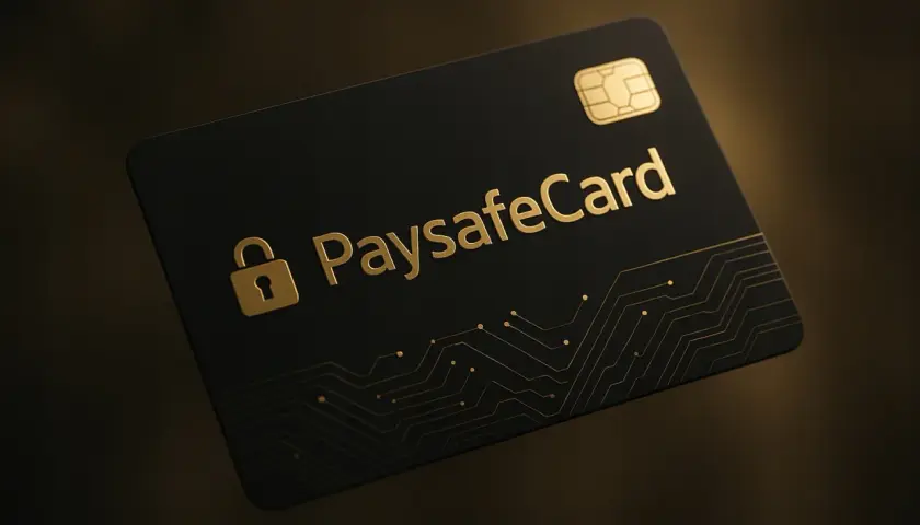 Elegancka, czarna karta z logo PaysafeCard i symbolem kłódki. Idealna do bezpiecznych płatności online.