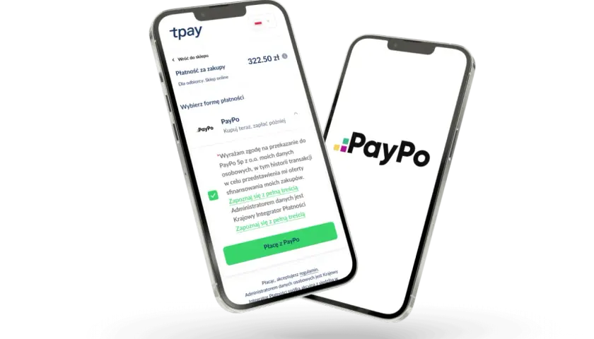 Dwa telefony prezentują płatność PayPo. Na jednym ekranie widać proces zakupu online z opcją "Kupuj teraz, zapłać później" za pomocą PayPo.