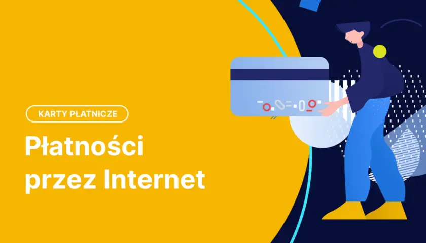 Ilustracja przedstawia płatności przez Internet z użyciem karty wirtualnej. Postać trzyma kartę, symbolizując łatwość transakcji online.
