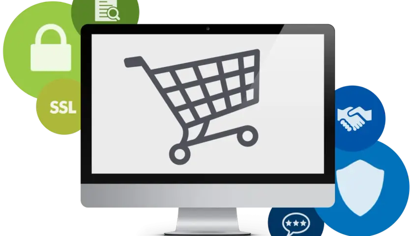 Komputer z ikoną koszyka, symbolami bezpieczeństwa (kłódka, tarcza, SSL) i zaufania (dłonie, gwiazdki). Idealny do e-commerce.