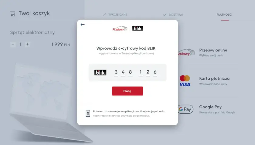 Płatność online co to znaczy? Potwierdzenie kodu BLIK 348126 w aplikacji bankowej, by zapłacić za sprzęt elektroniczny.