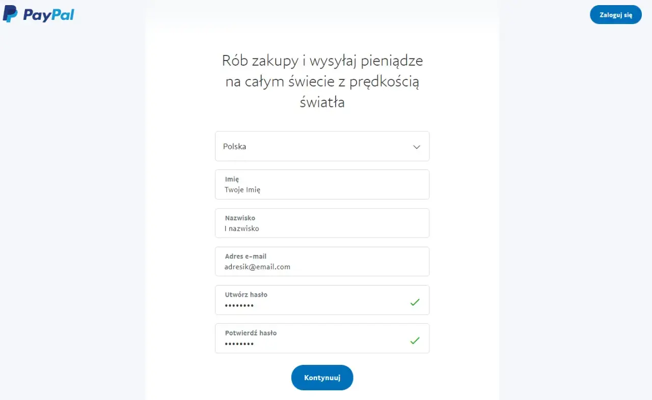 Formularz rejestracyjny PayPal. Wpisz dane: kraj, imię, nazwisko, e-mail, hasło. Dowiedz się, jak założyć PayPal.