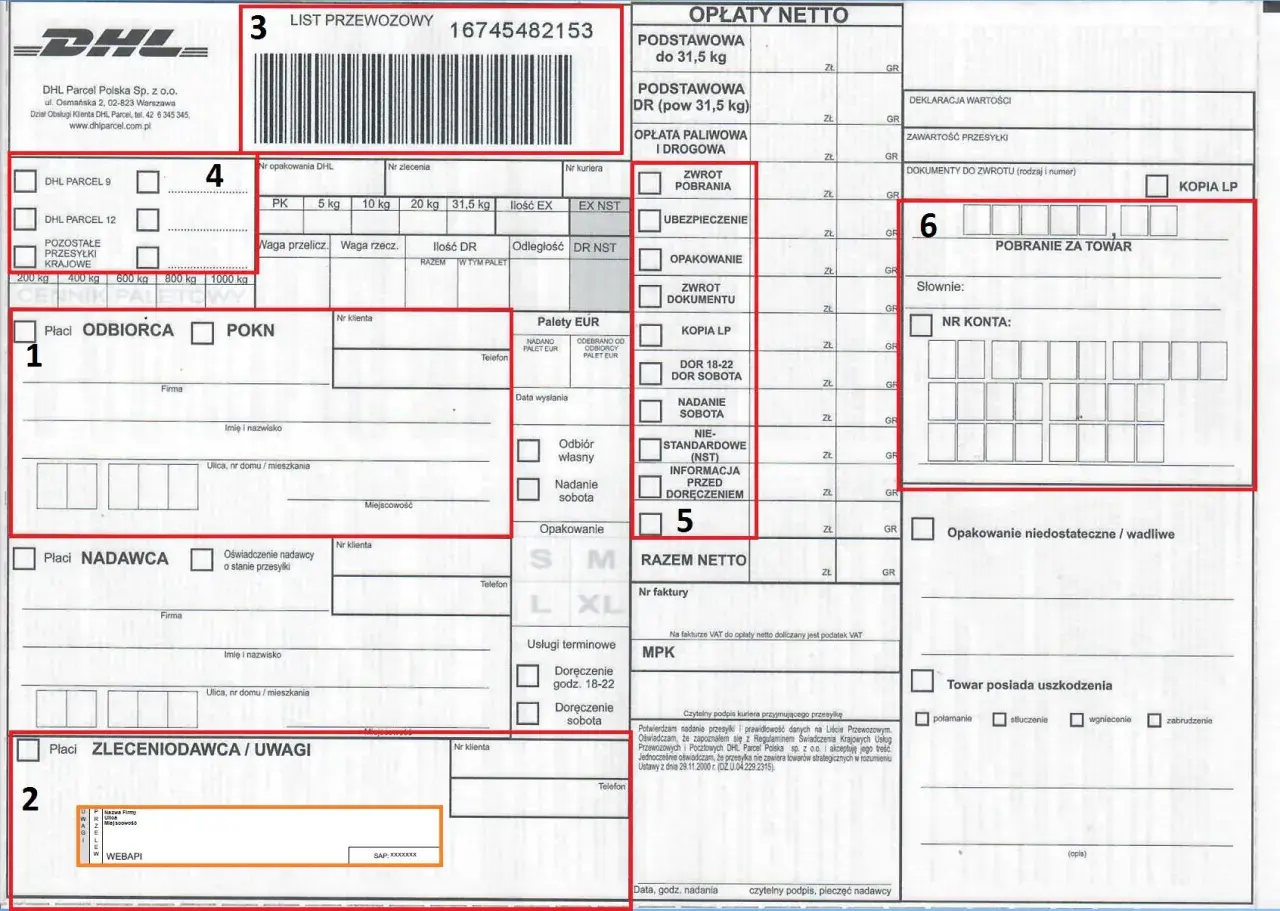 DHL list przewozowy z danymi nadawcy, odbiorcy i szczegółami przesyłki.