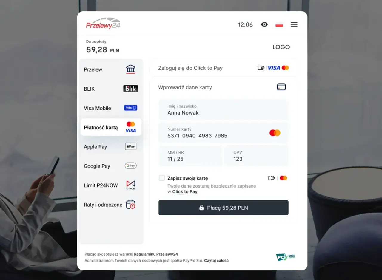 Płatność kartą Visa na kwotę 59,28 PLN przez Przelewy24. Dane Anny Nowak są gotowe do użycia w Click to Pay.