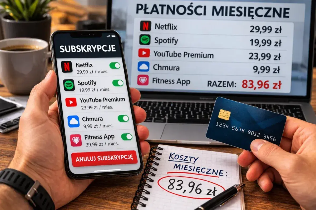 Telefon pokazuje listę subskrypcji, jak Netflix i Spotify. Widoczny jest przycisk "Anuluj subskrypcję", sugerujący, jak wyłączyć subskrypcje.