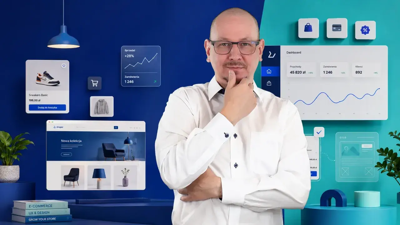 Mężczyzna w okularach zastanawia się nad danymi e-commerce. Widoczne są wykresy sprzedaży, zamówień i klientów, a także produkty. Paypo weryfikacja jest kluczowa dla analizy.