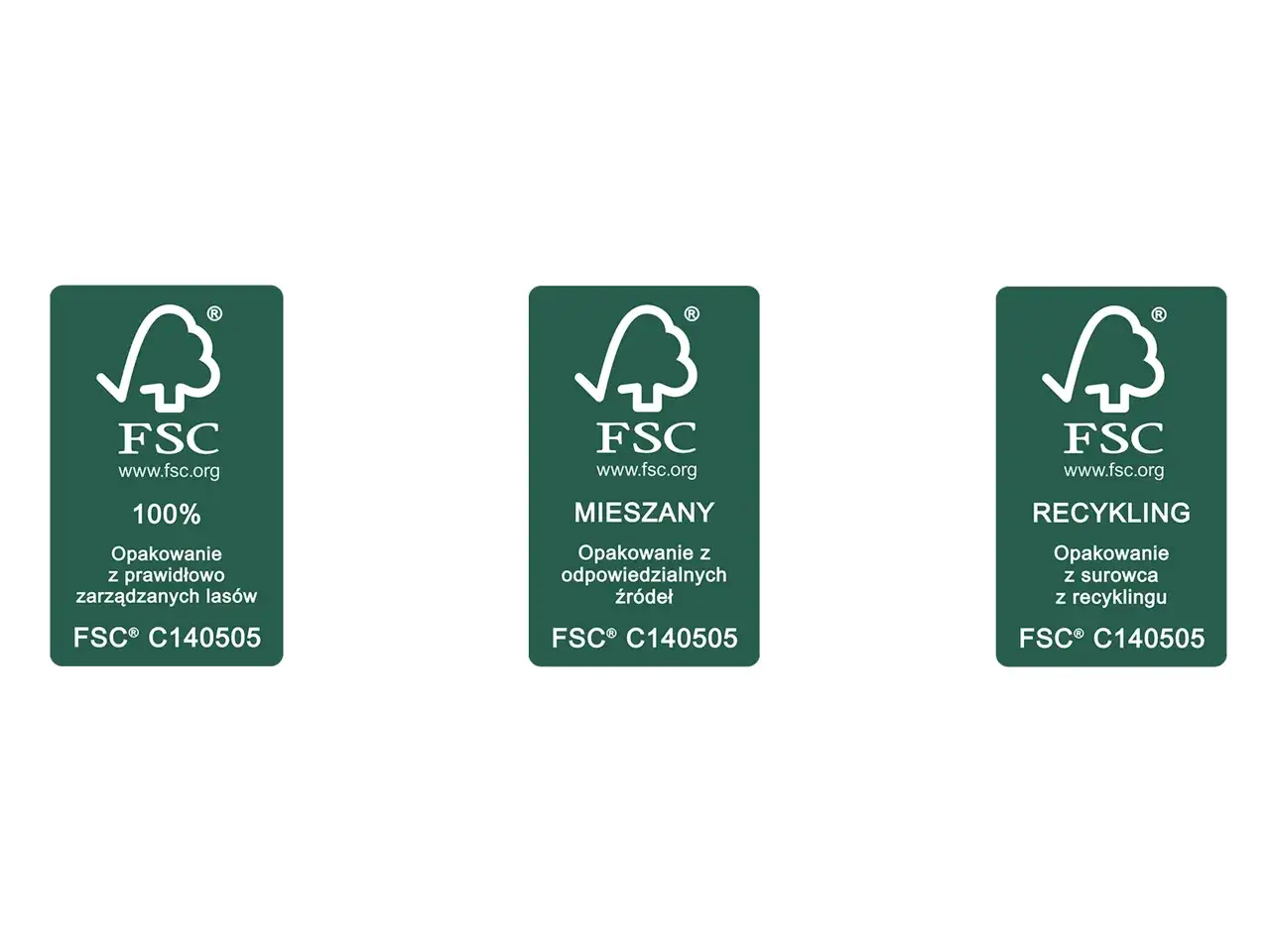 Trzy zielone etykiety z logo FSC. Pierwsza: 100% opakowanie z prawidłowo zarządzanych lasów. Druga: opakowanie z odpowiedzialnych źródeł. Trzecia: opakowanie z surowca z recyklingu. Certyfikat FSC gwarantuje zrównoważone leśnictwo.