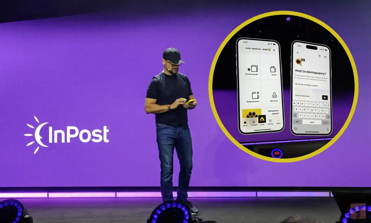 Mężczyzna prezentuje aplikację InPost Marketplace z funkcją czatu.
