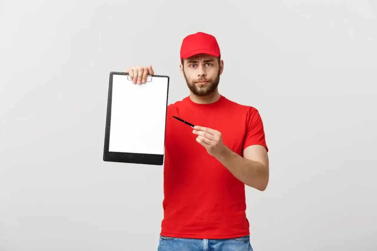 Kurier DHL z tablicą i długopisem, gotowy do przyjęcia zgłoszenia reklamacji.