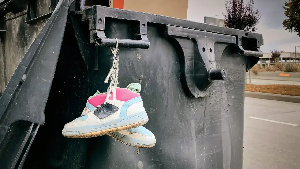 Para stare buty, gdzie wyrzucić buty? Wiszą na śmietniku, czekając na nowy cel.
