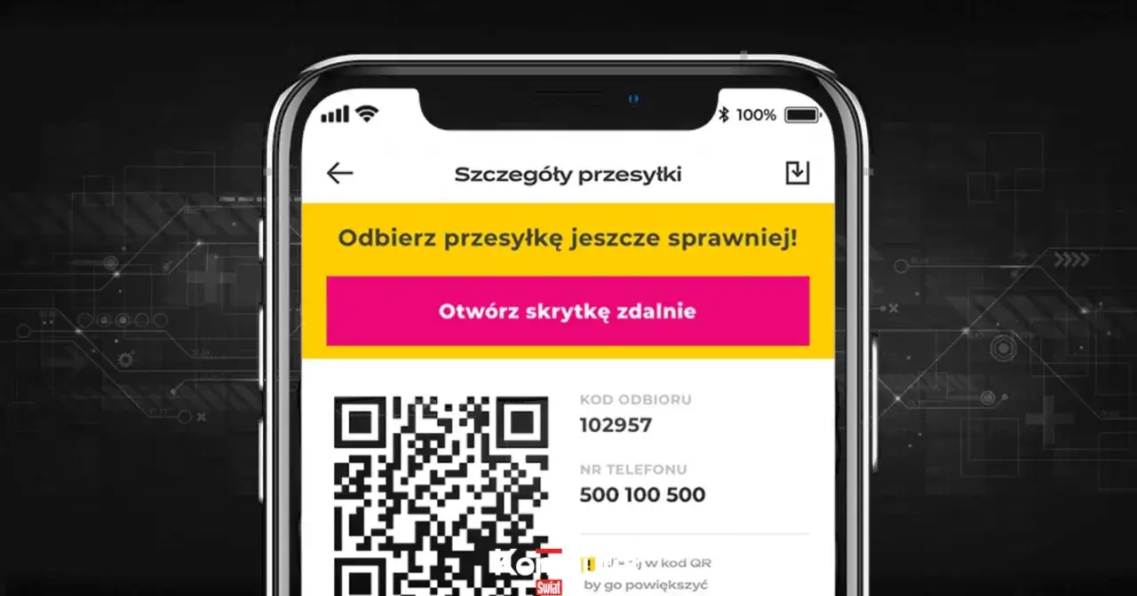 Na ekranie telefonu widoczny kod QR do odbioru paczki InPost. Brak przycisku przedłużenie, ale można otworzyć skrytkę zdalnie.