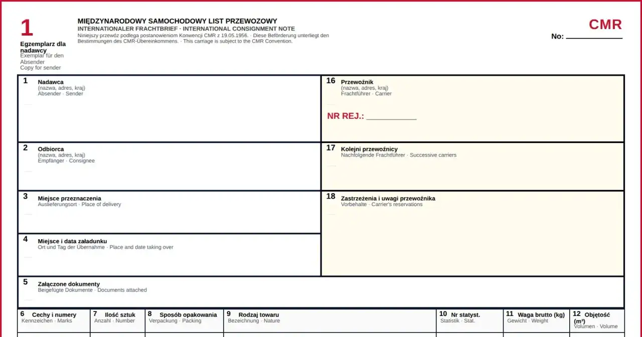 Międzynarodowy list przewozowy CMR to dokument regulujący międzynarodowy transport drogowy. Zawiera dane nadawcy, odbiorcy, przewoźnika i towaru.