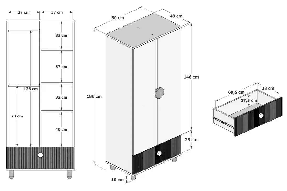 Schemat mebla z wymiarami: szafa 186x80x48 cm, szuflada 69,5x38x17,5 cm. Pokazano, jak się podaje wymiary.