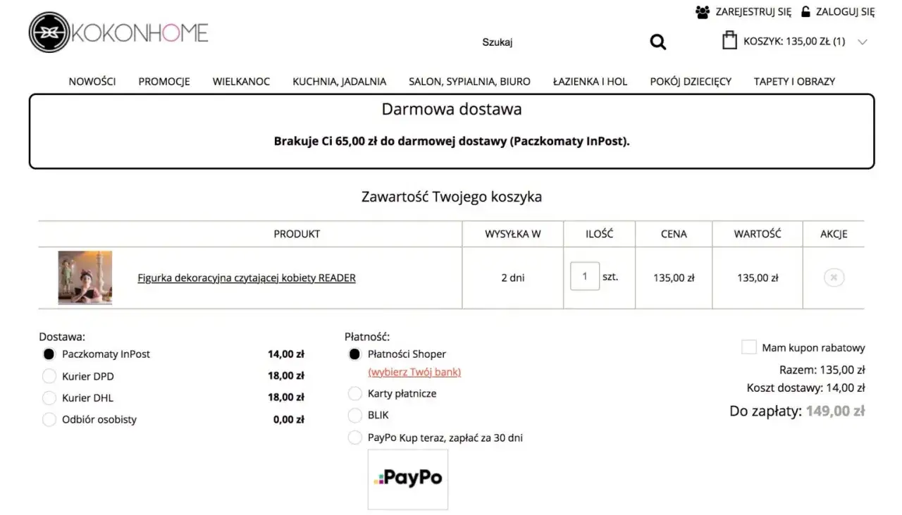 Paypo nie działa, nie można wybrać tej opcji płatności. W koszyku figurka kobiety, dostawa InPost, do zapłaty 149 zł.