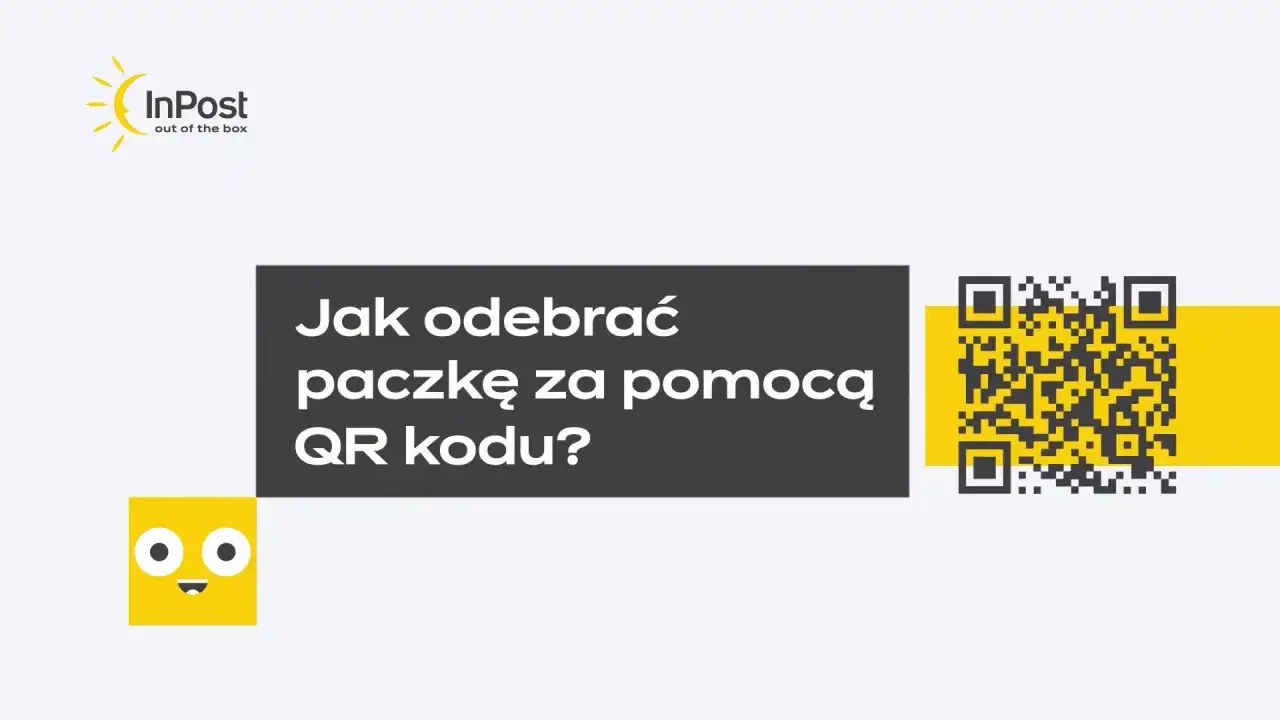 Jak odebrać paczkę InPost za pomocą kodu QR? Grafika przedstawia logo InPost, uśmiechniętą buźkę i kod QR.