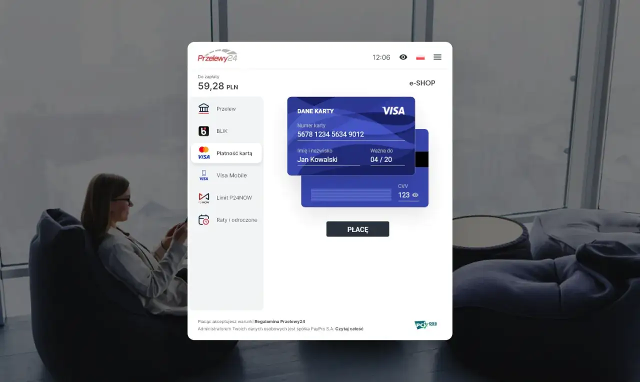 Płatność kartą Visa na kwotę 59,28 PLN przez Przelewy24. Dane karty i przycisk 