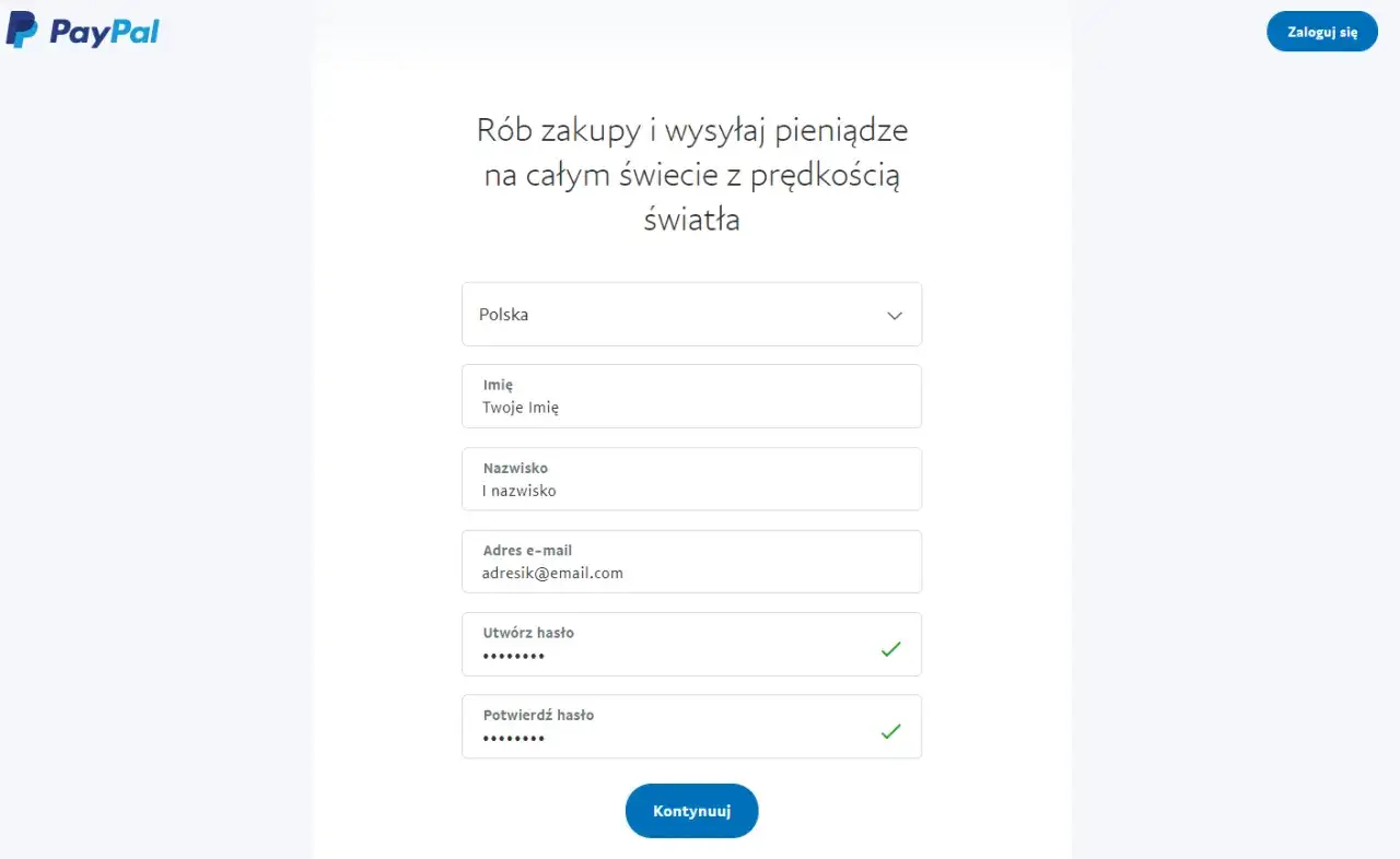 Formularz rejestracyjny PayPal. Wpisz dane: kraj, imię, nazwisko, e-mail, hasło. Dowiedz się, jak założyć PayPal.