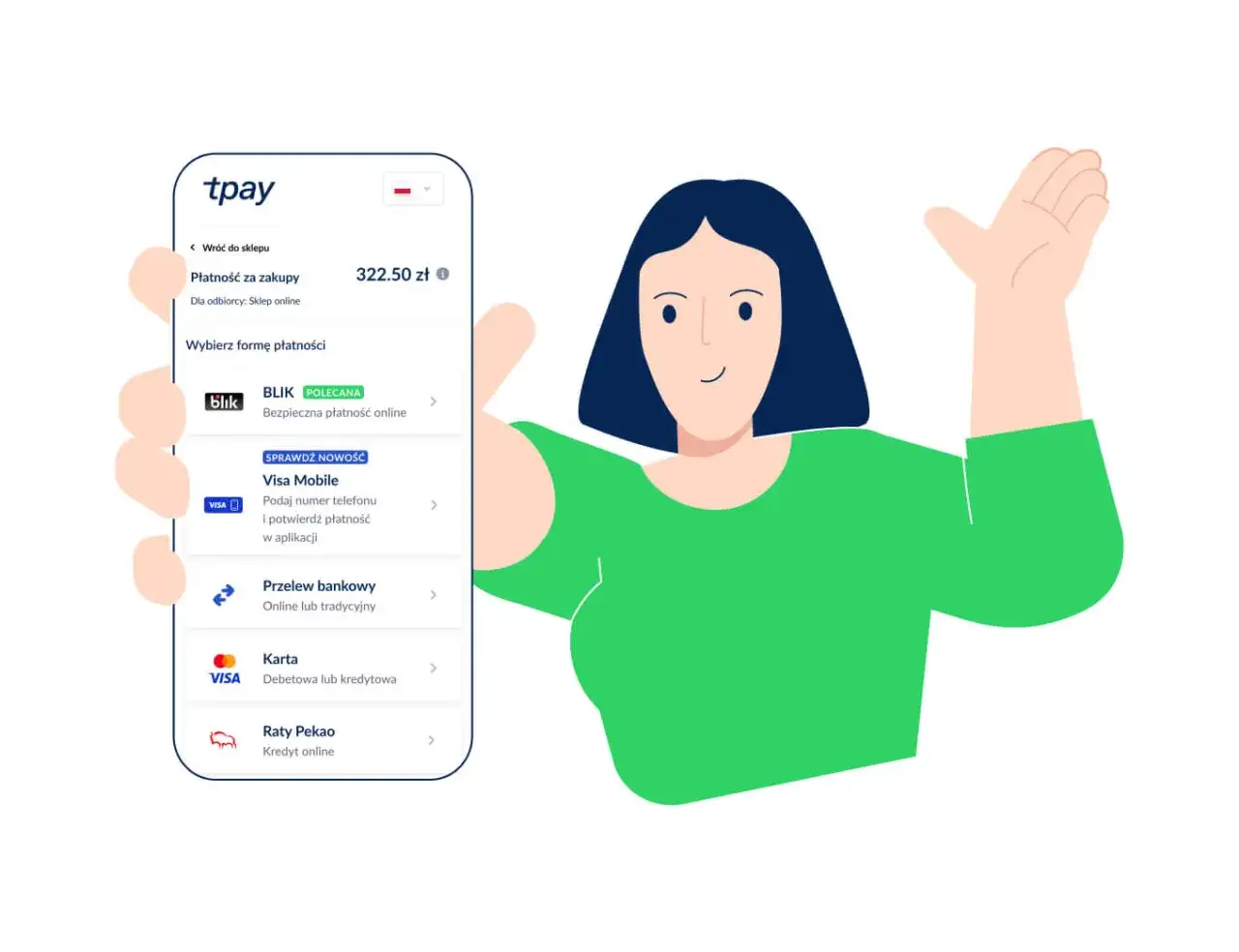 Wybierz formę płatności w aplikacji tpay: BLIK, Visa Mobile, przelew, karta lub raty. Szybko i bezpiecznie zapłacisz za zakupy.