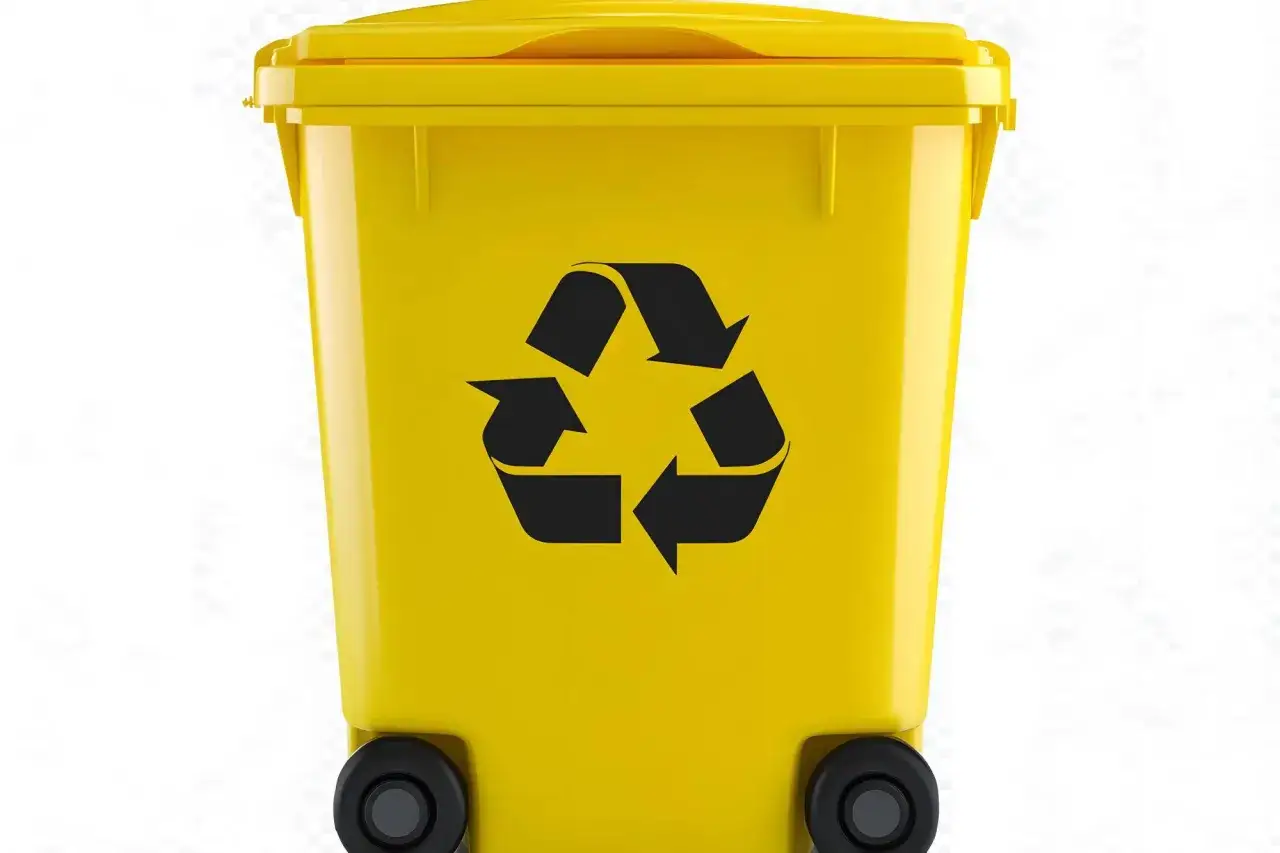 Żółty kosz na śmieci z symbolem recyklingu plastiku. Pomaga w segregacji odpadów.