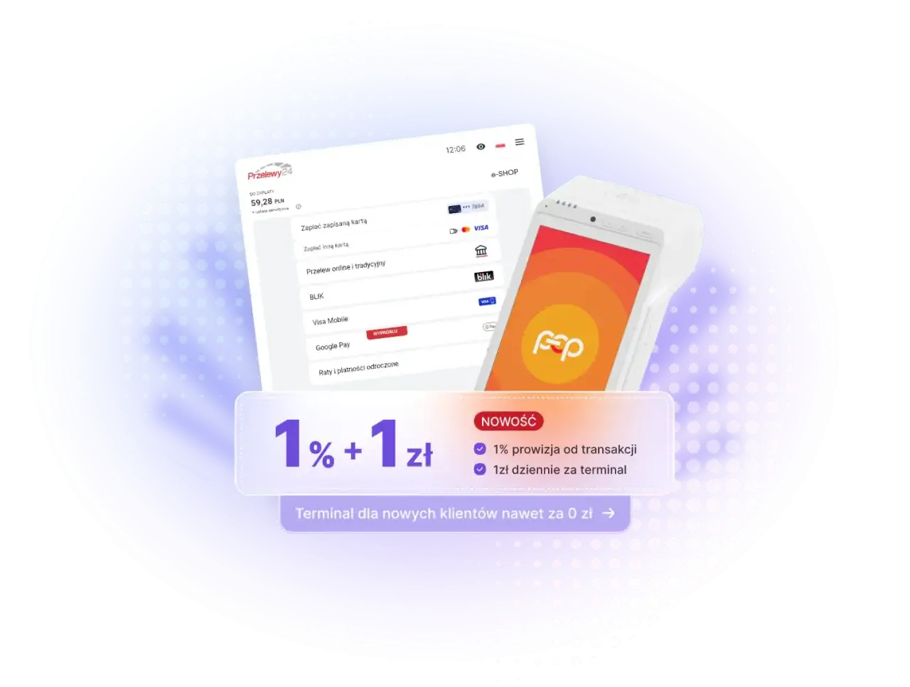 Terminal płatniczy z logo fsp i ekranem wyboru metod płatności, w tym Google Pay. Oferta paypro: 1% prowizji i 1 zł za terminal.