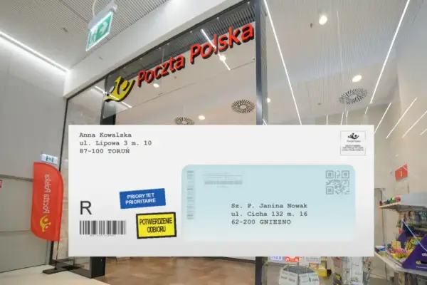 Awizo Poczty Polskiej. Jak sprawdzić nadawcę? Na kopercie widnieje adres Anny Kowalskiej z Torunia i adres odbiorcy Janiny Nowak z Gniezna.