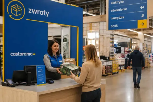 Klientka dokonuje zwrot towaru w Castoramie. Pracownica obsługuje ją przy stanowisku zwrotów.